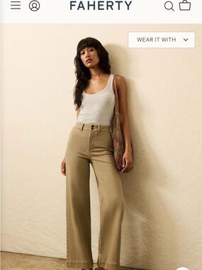 Faherty Wide-Leg High-Rise Pants in  Khaki sailor 28 stretch terry